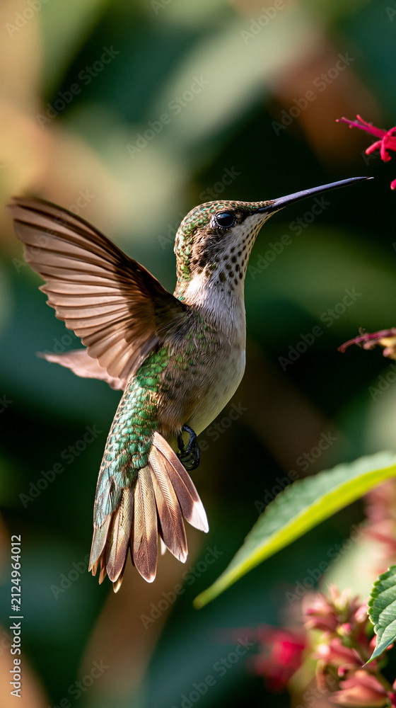 Naklejka premium hummingbird in flight capturing nature’s delicate beauty, vibrant hummingbird hovering near flowers in a natural habitat, closeup view of a graceful hummingbird with colorful feathers