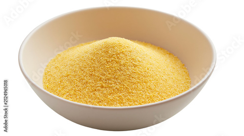 Принти на полотні Fine yellow cornmeal piled high in a simple beige bowl, isolated on transparent