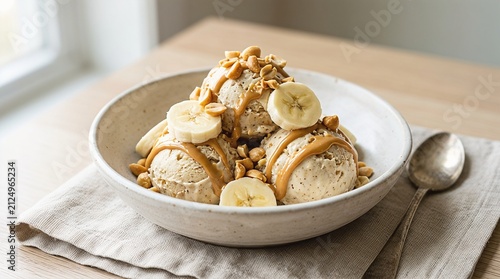 Peanut butter banana ice cream scoops in a rustic ceramic bowl with toppings