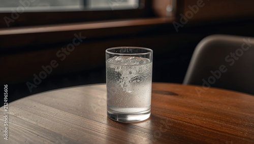 Glass of Sparkling Water on a Wooden Table in Soft Natural Light