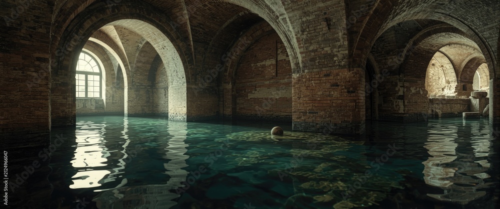 Fototapeta premium Abandoned Underground Room with Water Reflections and Arched Brick Walls