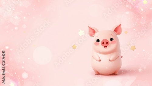 Cute Cartoon Pig Character on Pink Background with Stars