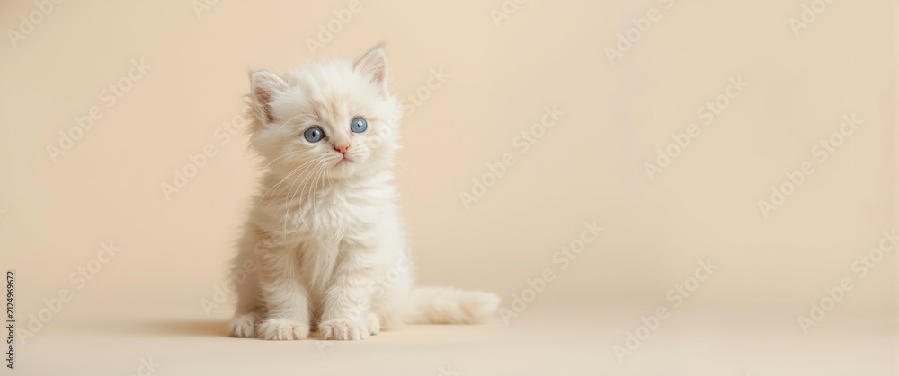Fototapeta Fluffy White Kitten Sitting on Soft Beige Background with Blue Eyes