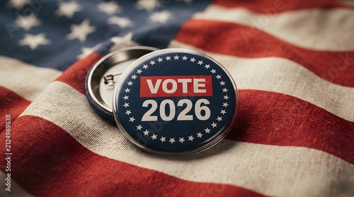 Vote 2026 election button pin on american flag background