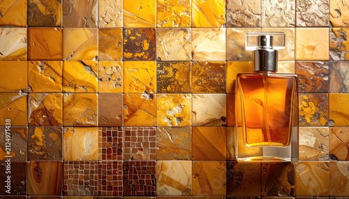 Amber liquid inside a clear glass bottle against a textured, amber-toned square tile background