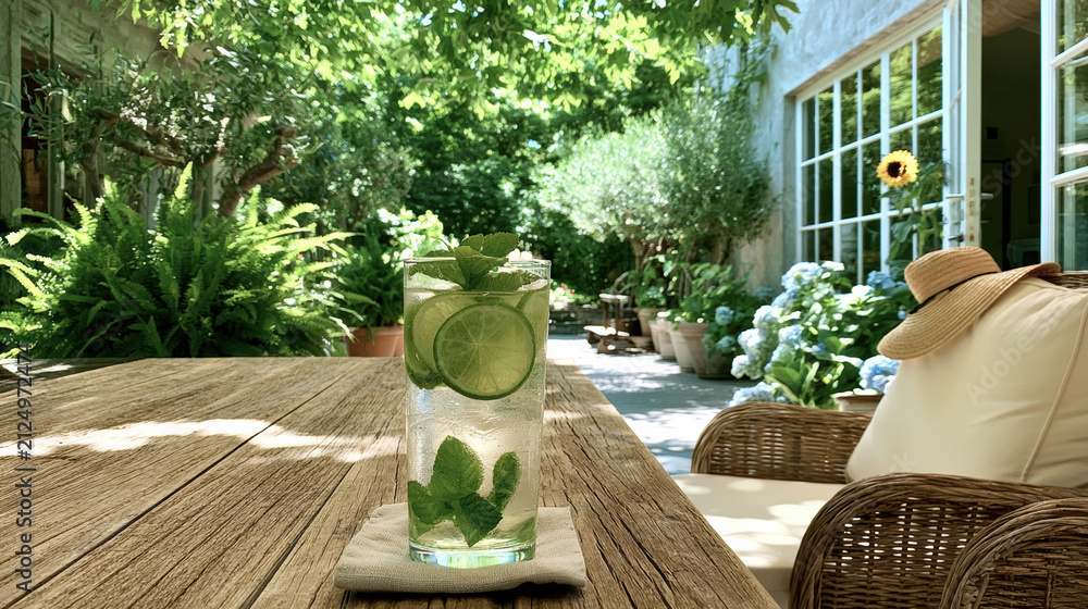 Fototapeta premium Refreshing mojito cocktail with lime and mint on rustic wooden table in sunny garden terrace, surrounded by lush greenery and cozy seating
