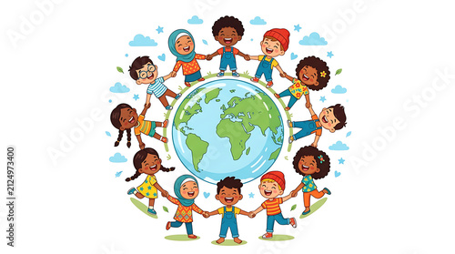 Diverse group of children holding hands in a circle around the planet Earth, representing global unity, peace, and friendship