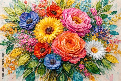 Vibrant Flower Bouquet with Colorful Blooms and Green Leaves