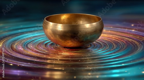 Golden Singing Bowl Floating on Water with Vibrant Ripples.