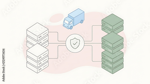 Isometric data migration vector illustration showing secure server transfer database backup network protection and digital transport diagram