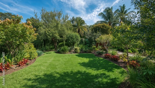 Lush Tropical Garden with Green Lawn and Colorful Flowers Under Blue Sky