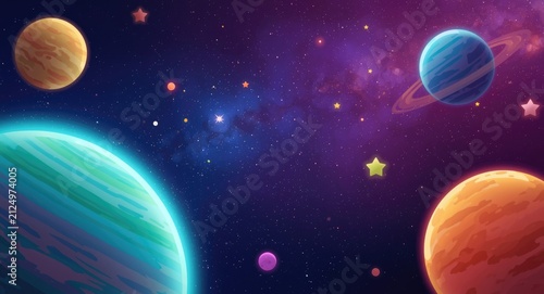 Colorful Planets Among Stars in a Vibrant Galaxy Background