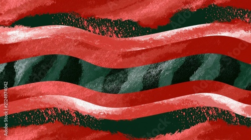 Abstract pattern of undulating waves in red and dark green hues.