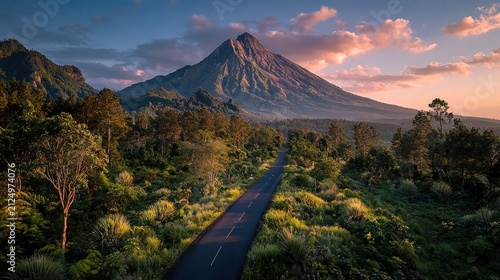Majestic Mountain Landscape with Lush Forest and Sunset Sky.