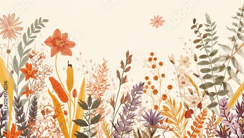 Colorful Floral Pattern with Various Wildflowers and Leaves on Light Background