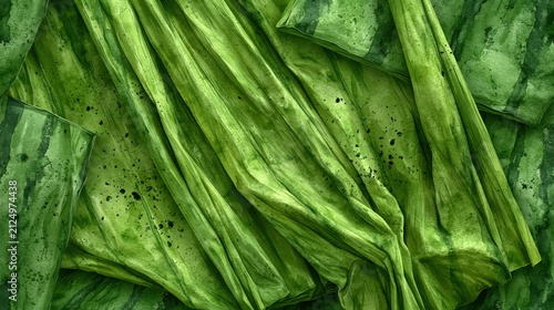 Rippled fabric displays vibrant green hues with dark speckled textures.