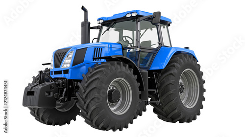 Modern blue tractor with large tires, isolated on transparent background