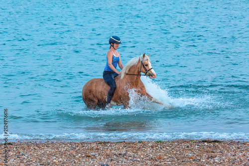 Cuadro en lienzo Welsh Section C Cob Splashing in the Sea With Rider