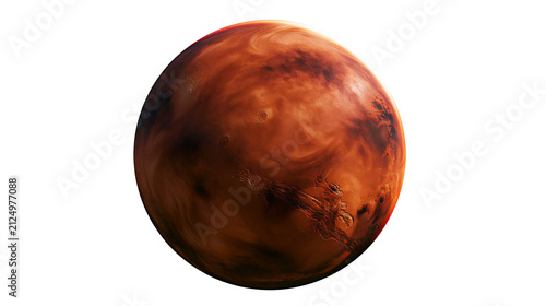 Red planet Mars with visible craters and surface details, isolated on transparent background