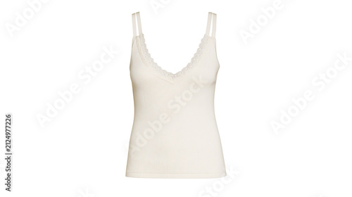 Fotografie Cream ribbed camisole with delicate lace trim, isolated on transparent backgroun