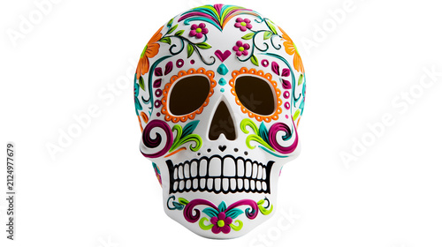 Quadro su tela Ornate white sugar skull with colorful floral patterns, isolated on transparent