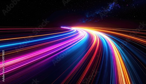Abstract light trails converging towards a distant horizon under a starry, dark sky, creating speed and perspective