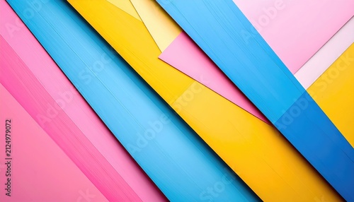 Abstract view of colorful, layered planks in shades of pink, blue, and yellow at sharp angles