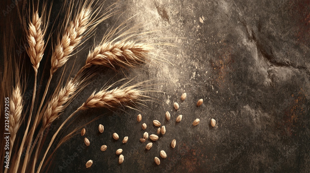 Fototapeta premium Ripe wheat stalks and grains are scattered across a dark, textured surface.