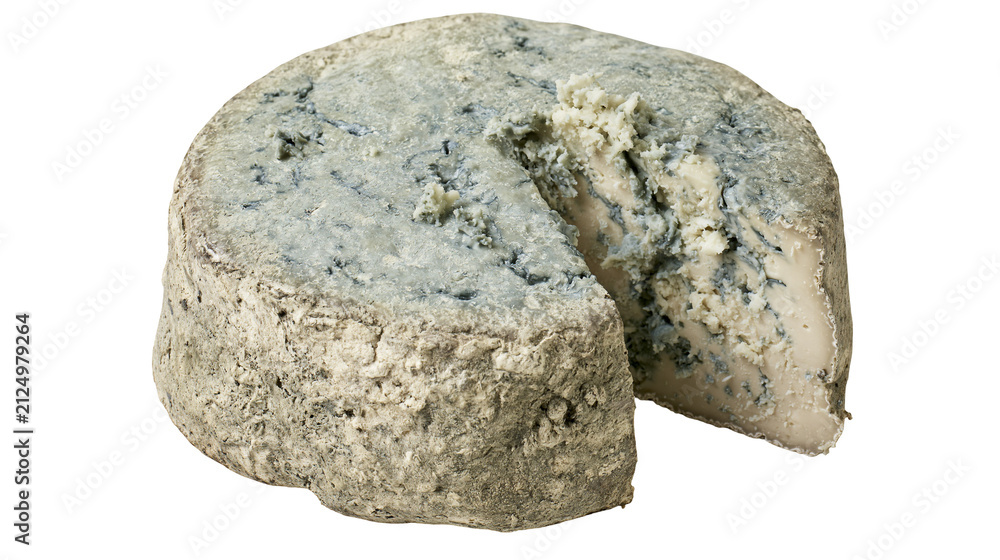 Fototapeta premium Crusty blue cheese wheel with a slice removed, isolated on transparent background