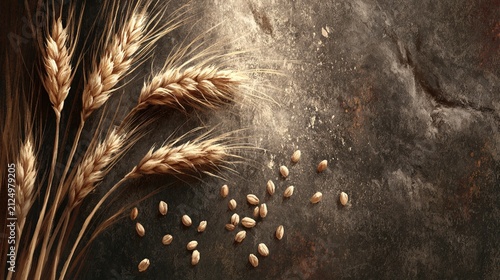 Ripe wheat stalks and grains are scattered across a dark, textured surface.
