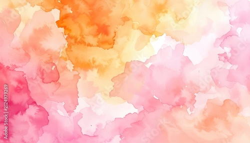 Abstract watercolor painting with blended orange, pink, and yellow hues creating a soft, dreamy, flowing effect