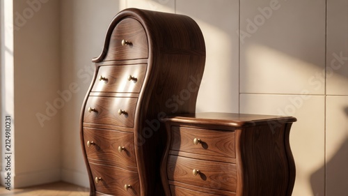 Two dark wood dressers with curved designs and brass knobs in soft natural light. Use: interior design, home decor, vintage furniture.