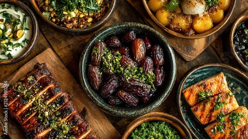 Assorted Traditional Middle Eastern Dishes in Bowls.