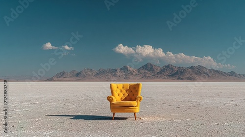 Bright Yellow Armchair Sitting Alone in Vast Salt Flat Landscape.