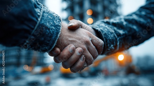 Close-up of Handshake Between Two People in Urban Setting.