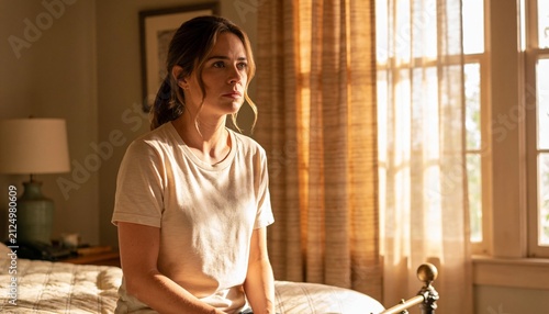 Sitting woman wearing light T-shirt gazing toward window in soft bedroom light, patterned bedcover