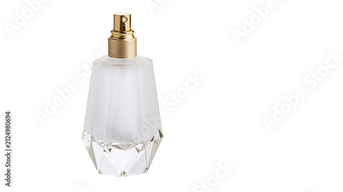 Foto Frosted glass perfume bottle with faceted crystal base and gold spray nozzle, is