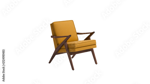 Foto Mid-century modern armchair with mustard yellow upholstery and dark wood frame,