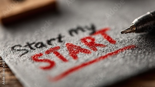 Close-up of Start Text Written with Red Pen on Paper.