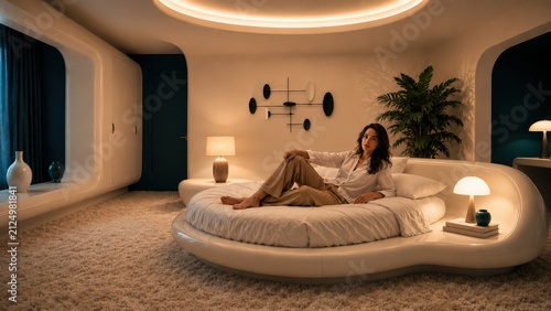 Woman relaxing on a futuristic round bed in a retro modern bedroom with plush carpet and curved furniture. Use: interior design magazines, lifestyl...