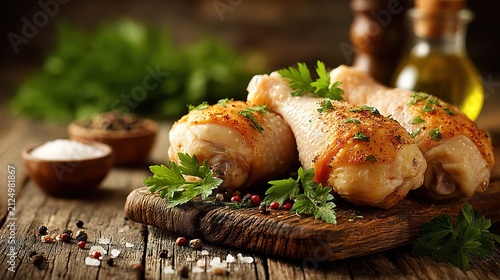 Delicious Roasted Chicken with Herbs and Vegetables on Rustic Wooden Board.