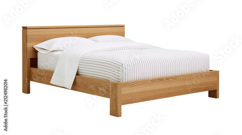 Modern wooden bed frame with white striped bedding, isolated on transparent background