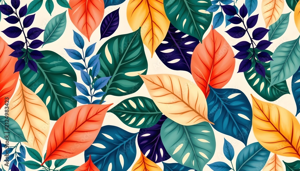 Fototapeta premium The image features a vibrant and colorful pattern of various leaves overlapping each other, creating a dense botanical design