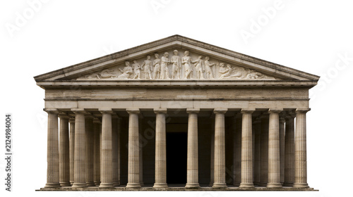 Foto Neoclassical stone building with Doric columns and pediment sculpture, isolated