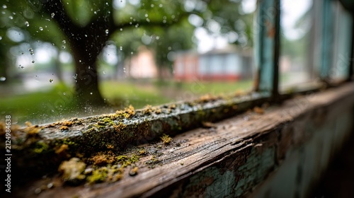 Close-up of Moss and Dew on Windowsill with Green Tree Outside.
