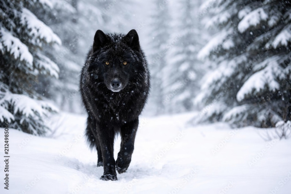 Obraz premium Black Wolf Walking Through Snowy Forest in Winter Light