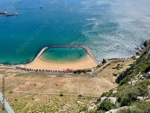 Aerial View of Sandy Beach and Turquoise Bay from the Rock of Gibraltar