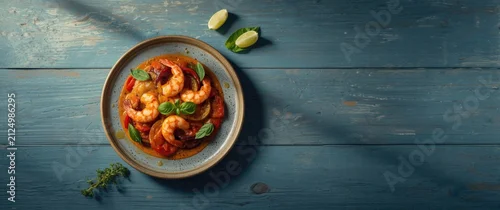 Panel kuchenny z motywem Shrimp Dish Served on a Rustic Plate with Limes and Fresh Herbs
