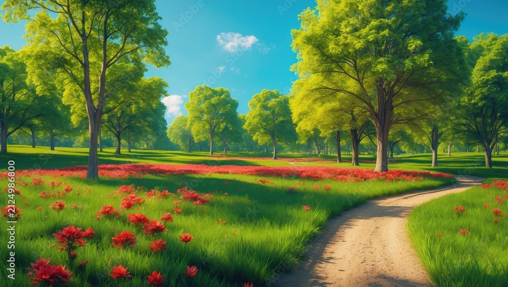 Fototapeta premium Lush Green Park Landscape with Vibrant Flowers and a Winding Path on a Sunny Day