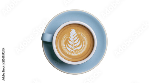 Blue ceramic cup with latte art coffee, isolated on transparent background